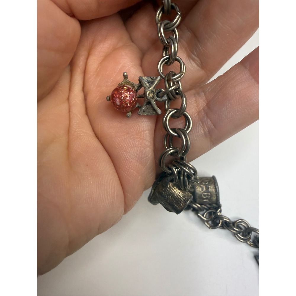Vintage Silver Tone Baby Charm Bracelet Pink Glitter Orb Shoe Thimble 7.5 Inch